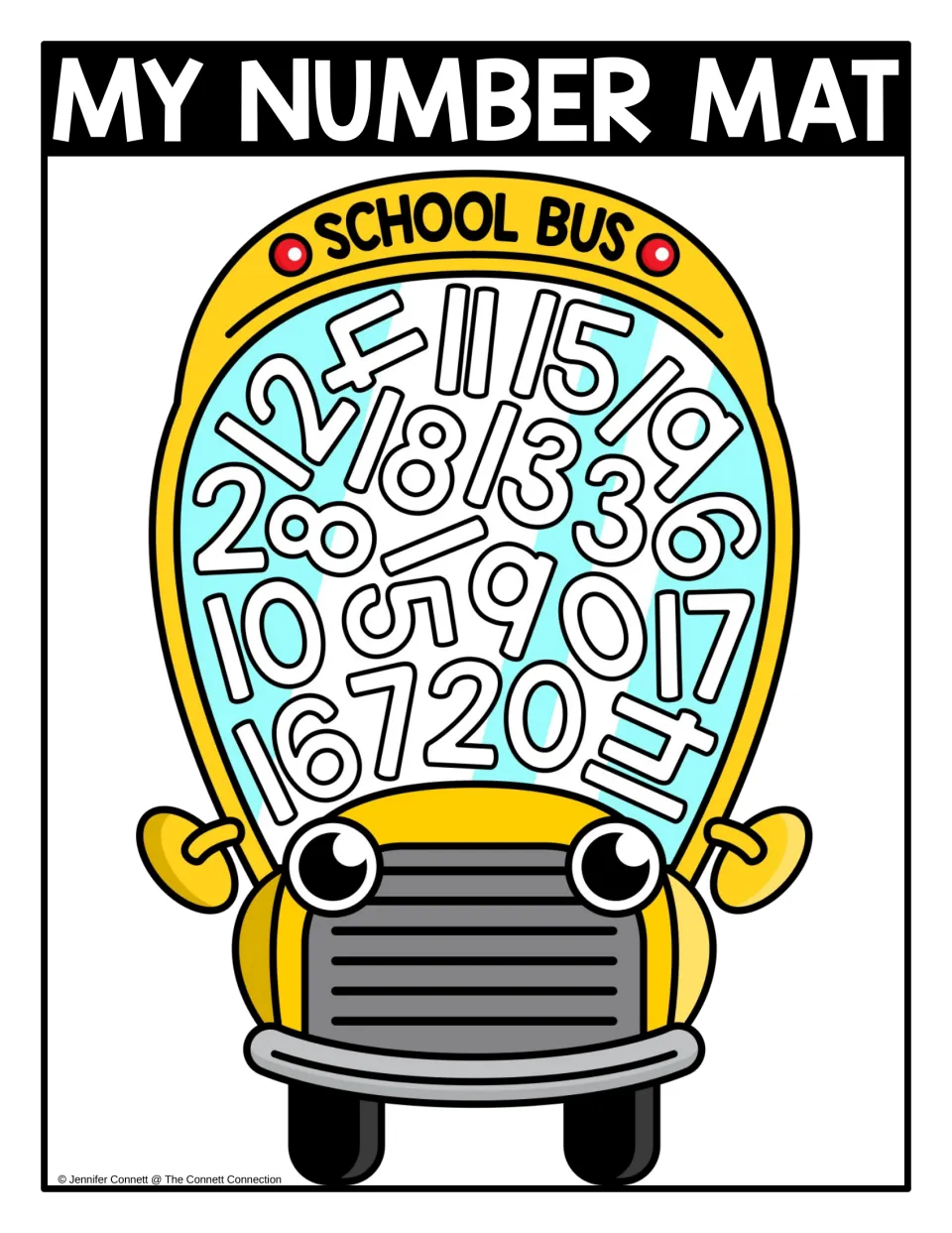 Number recognition 0 to 20 in color: teen numbers and 0 to 10 crowded into a yellow school bus window to find
