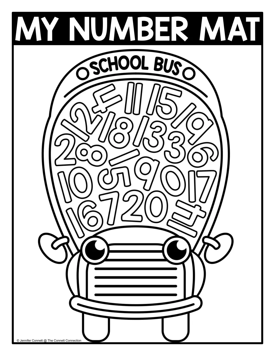 Black-and-white number mat 0 to 20: outlined numerals packed in a school bus window, ready to color while finding each