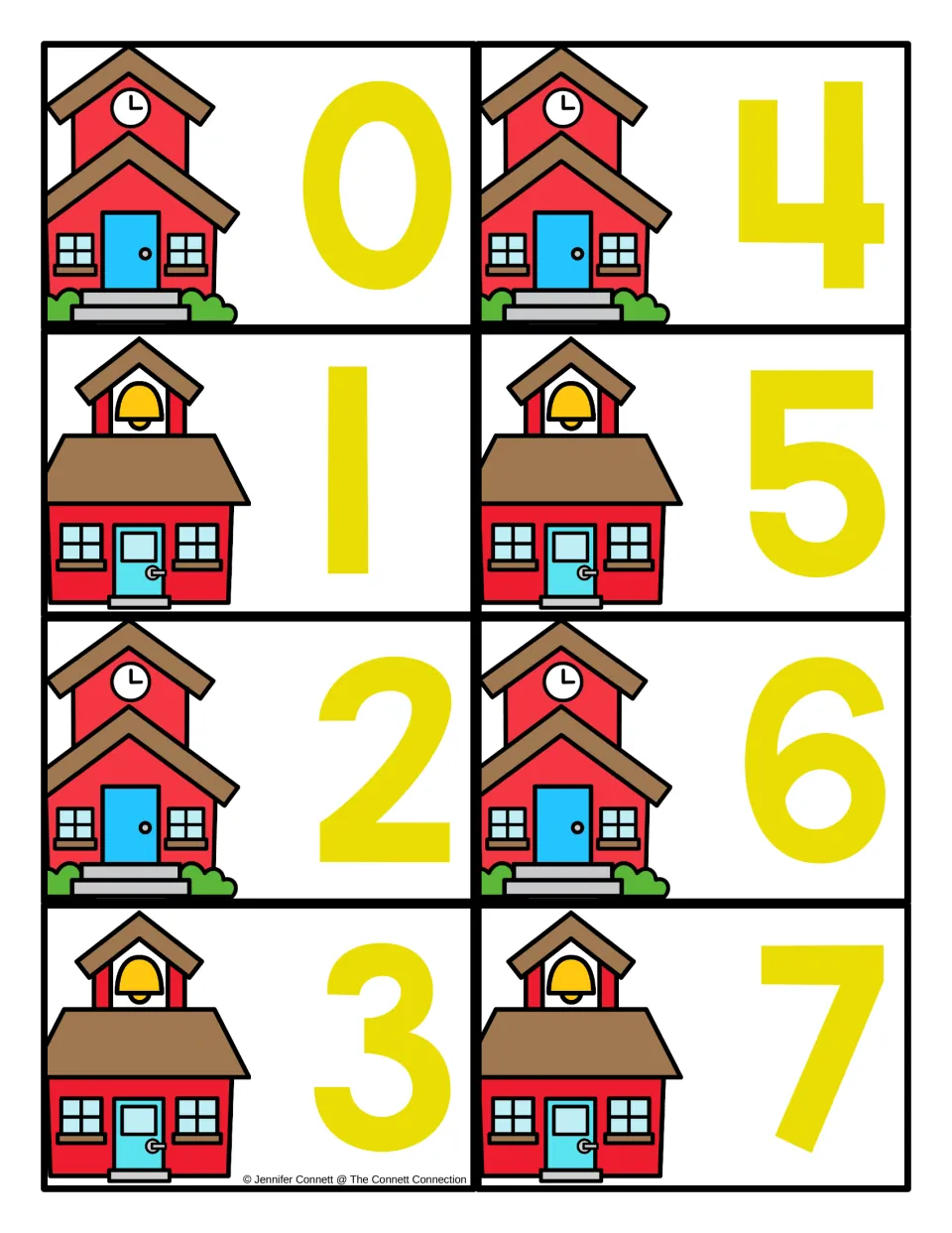 Number cards 0 to 7: eight cards, each with a red schoolhouse and a large yellow numeral, for naming numbers