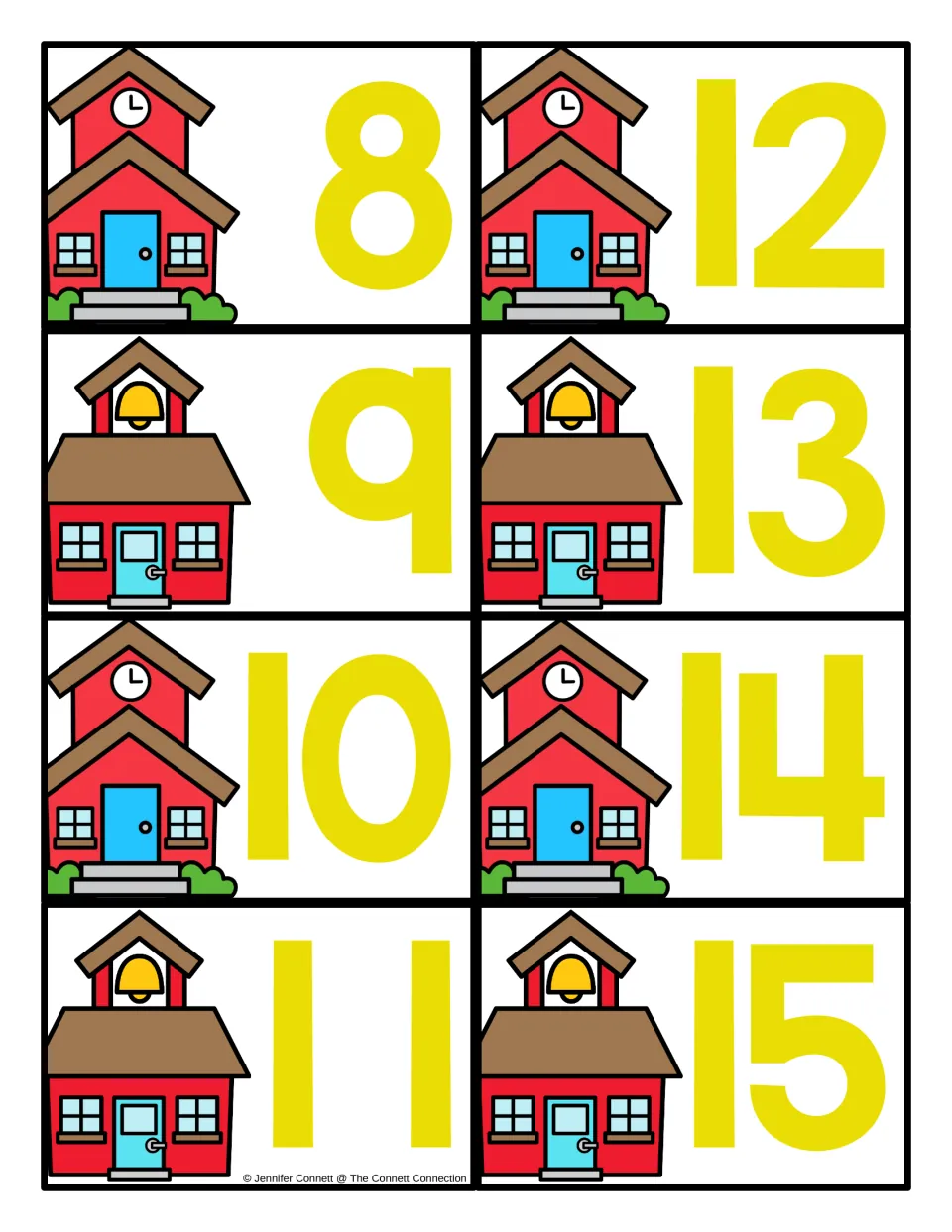 Number cards 8 to 15: red schoolhouse pictures beside big yellow numerals, moving from single digits into the teens