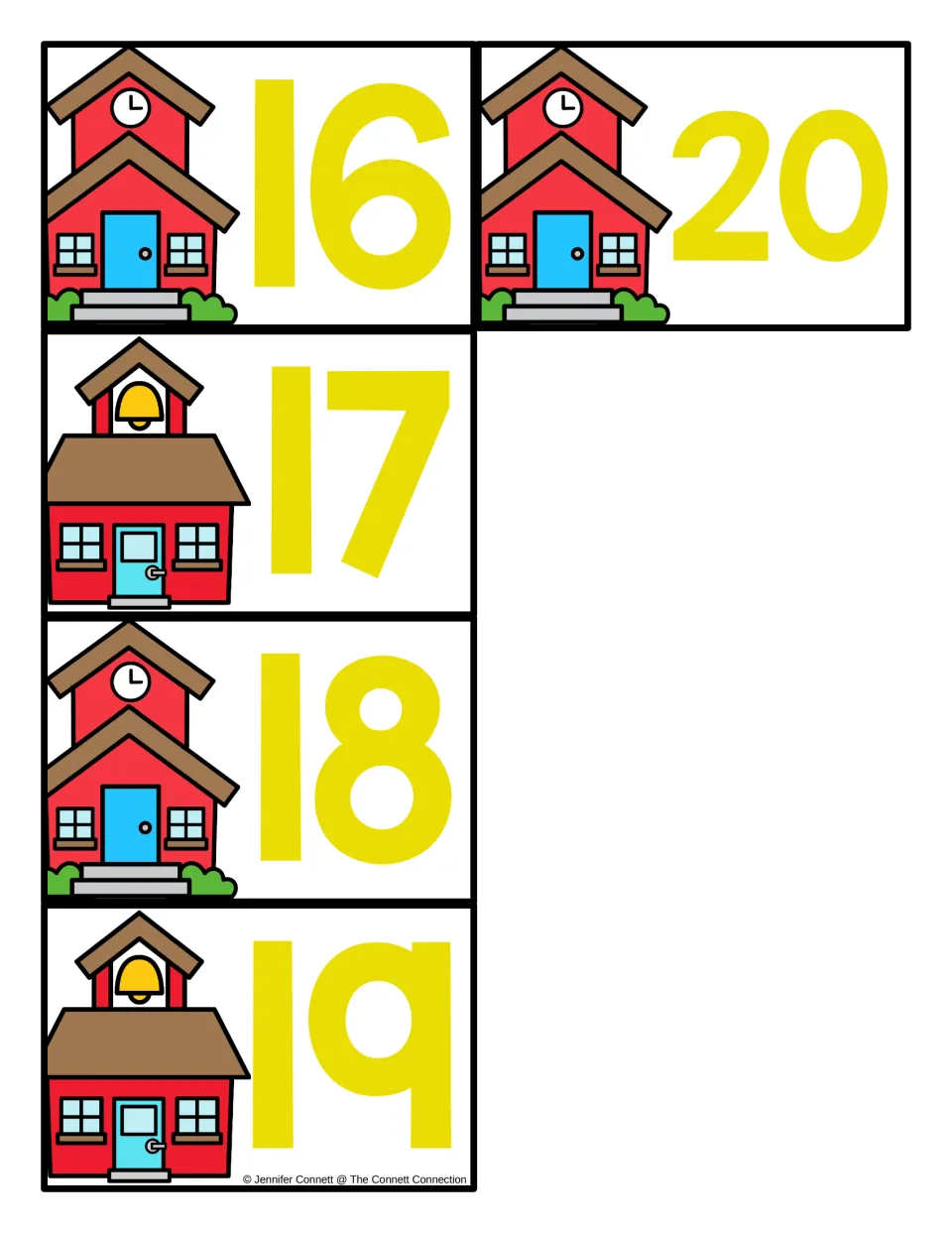Number cards 16 to 20: five schoolhouse cards with large yellow numerals 16, 17, 18, 19 and 20 to finish the set
