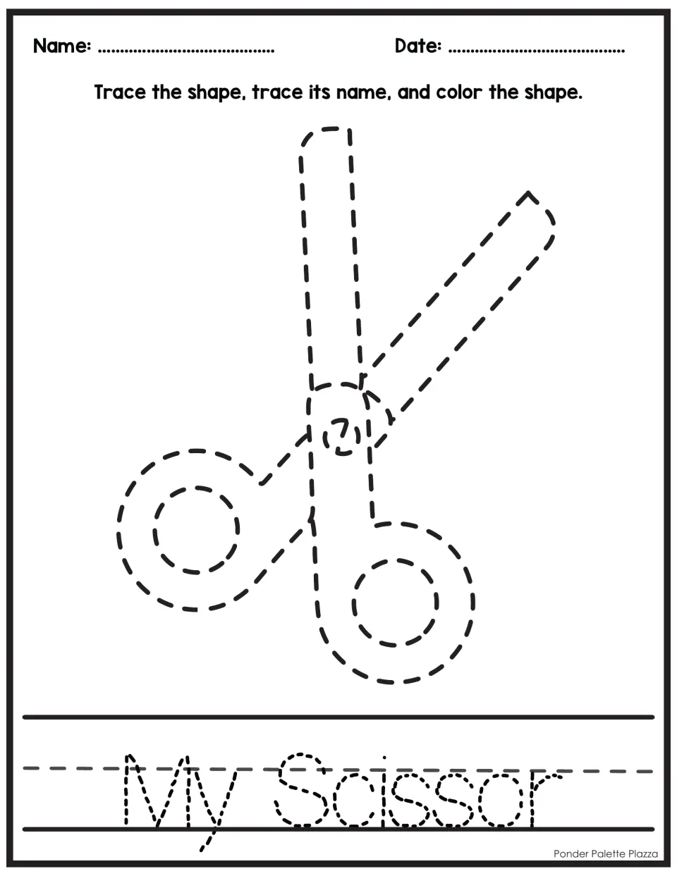Scissors tracing: students trace a dotted pair of scissors, trace the words My Scissor and color the drawing in