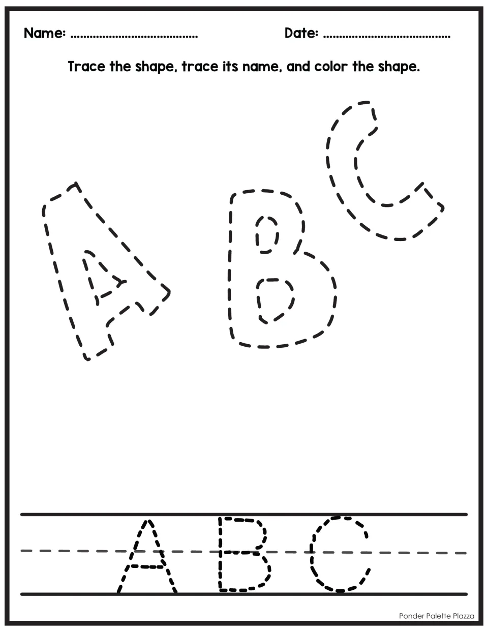 ABC letter tracing: students trace dotted bubble letters A, B and C, trace A B C on the writing line, then color