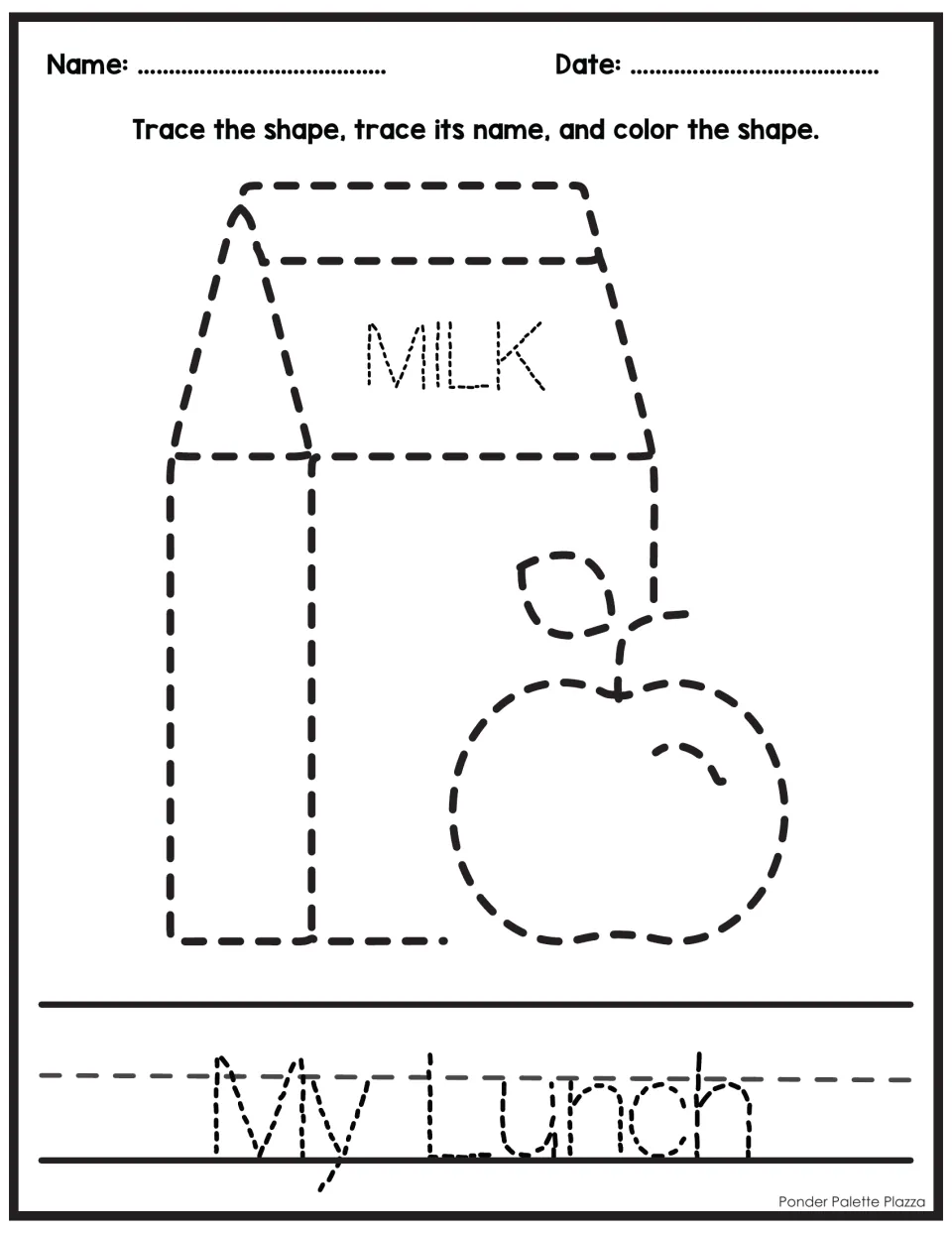 Lunch tracing: students trace a dotted milk carton labeled MILK and an apple, trace the words My Lunch, then color