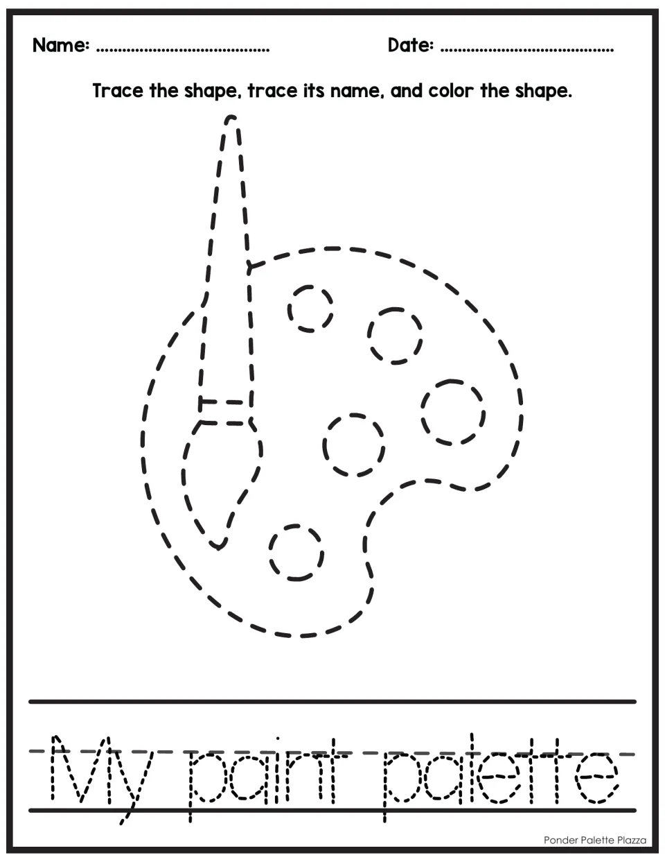 Paint palette tracing: students trace a dotted palette with paint spots and a brush, trace My paint palette, color