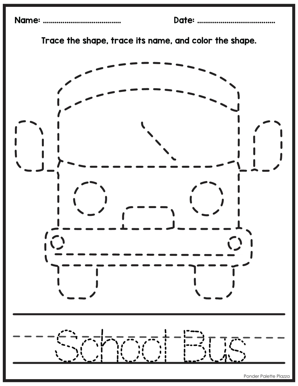 School bus tracing: students trace a dotted front view of a bus with mirrors and headlights, trace School Bus, color