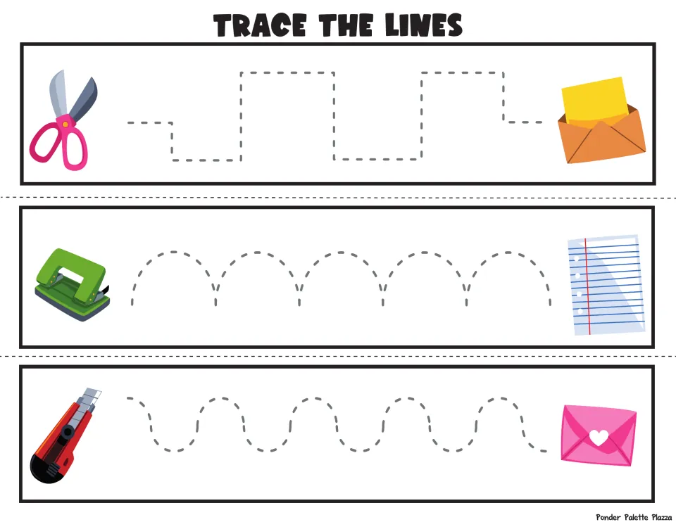 Pre-writing tracing: students follow dotted square, arch and wave paths from scissors, hole punch and cutter to mail items