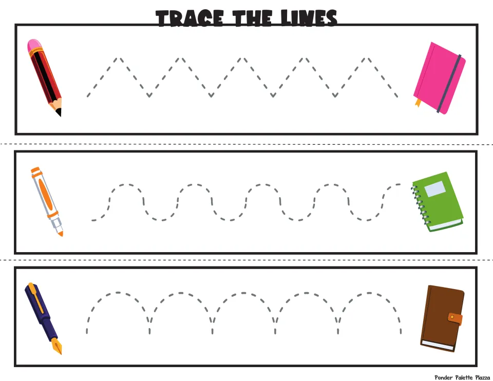 Pencil control practice: students trace zigzag, wavy and arched dotted paths leading a pencil, marker and pen to notebooks