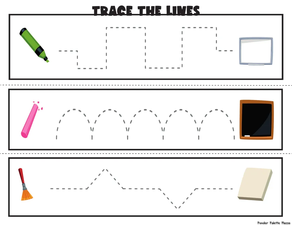 Fine motor tracing: students guide a highlighter to a whiteboard, chalk to a chalkboard and brush to paper on dotted paths