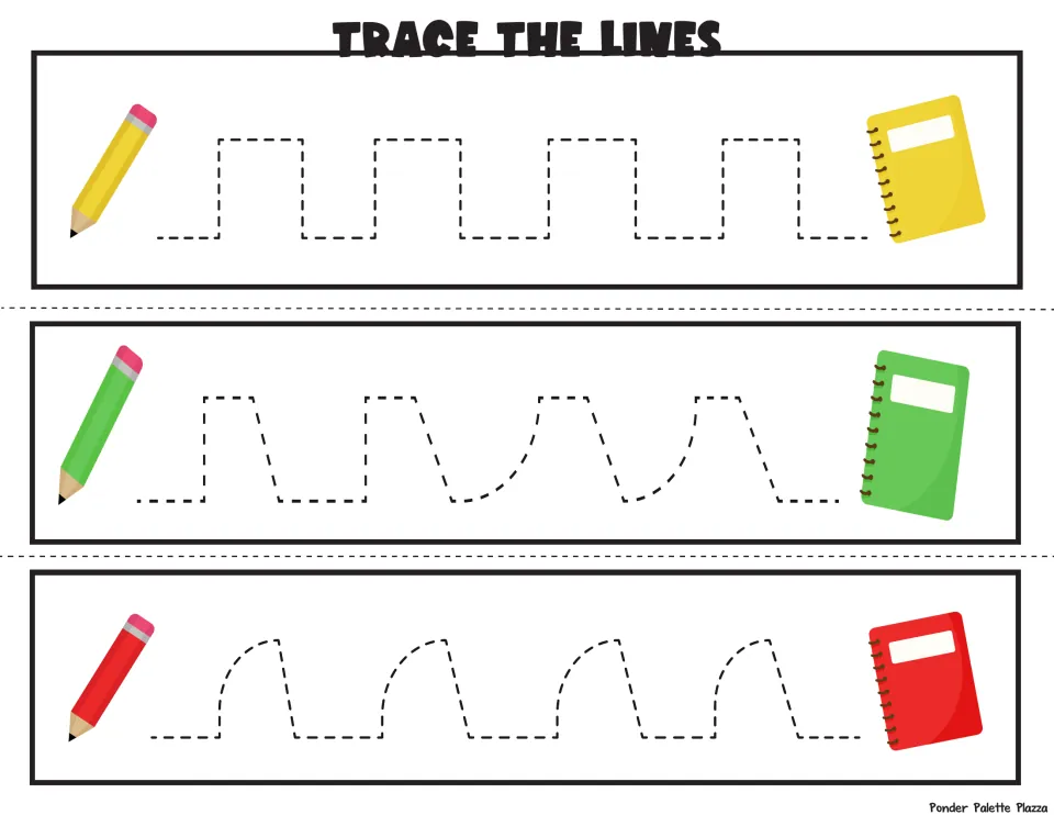 Colored pencils to notebooks: students trace square and curved-top dotted paths linking yellow, green and red pencil pairs