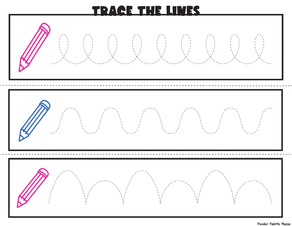 Loops and waves practice: students trace dotted loops, curvy waves and tall-and-short arches beside outlined pencils