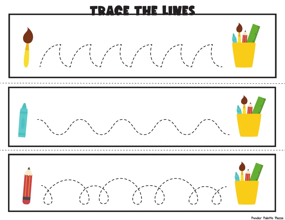 Art supplies tracing: students follow dotted curls, waves and loops from a paintbrush, crayon and pencil to a supply cup