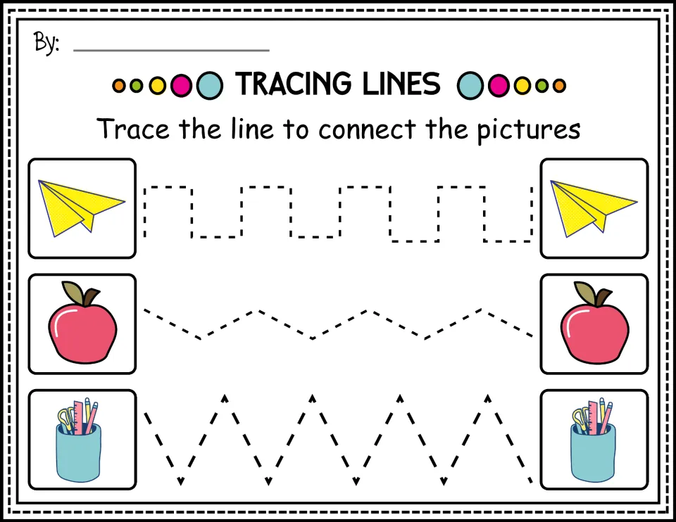 Color tracing practice connecting paper airplanes, apples, and pencil cups along stepped and zigzag paths