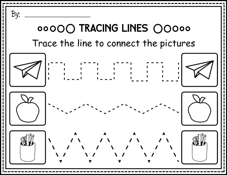 Black-and-white tracing practice connecting paper airplanes, apples, and pencil cups along angular paths