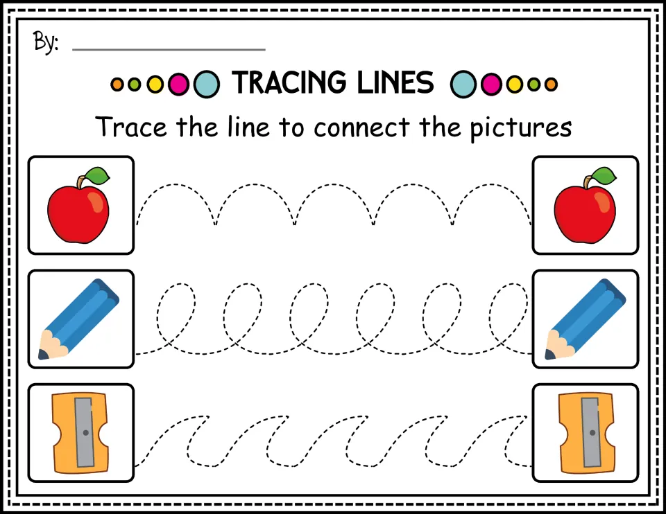 Color tracing practice connecting apples, pencils, and sharpeners along arches, loops, and curved waves