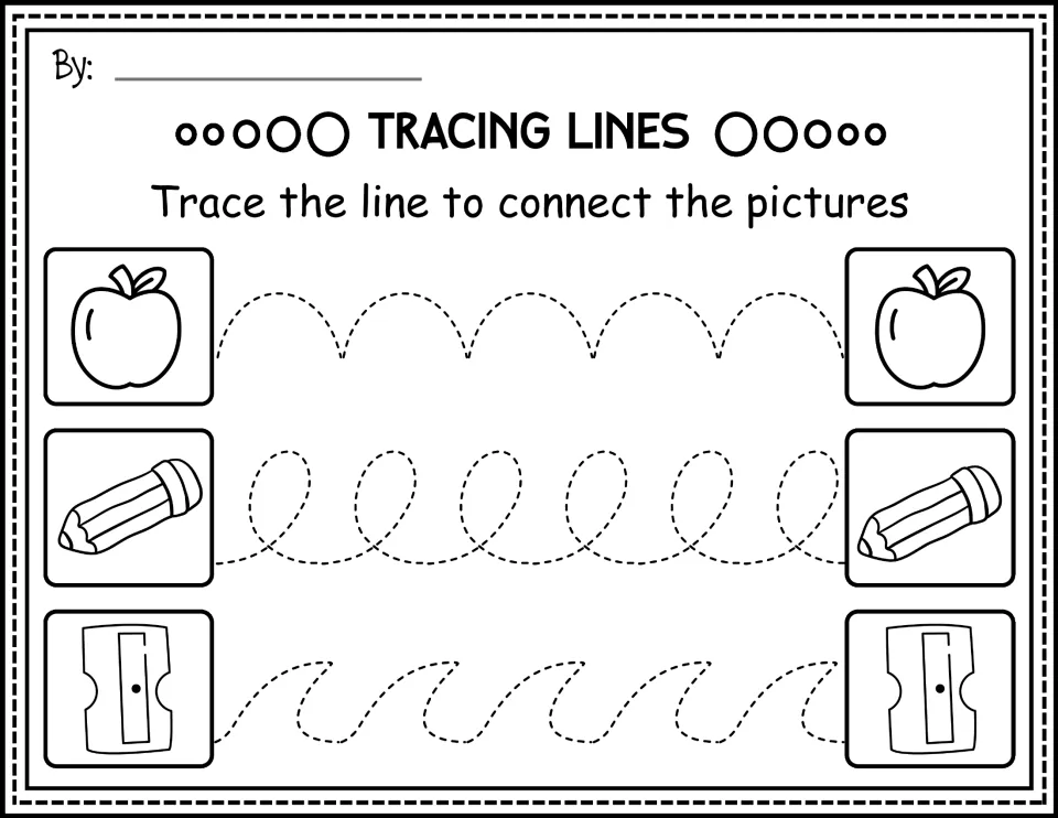 Black-and-white tracing practice connecting apples, pencils, and sharpeners along arches, loops, and waves