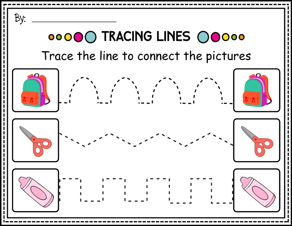 Color tracing practice connecting backpacks, scissors, and glue bottles along arches, zigzags, and steps