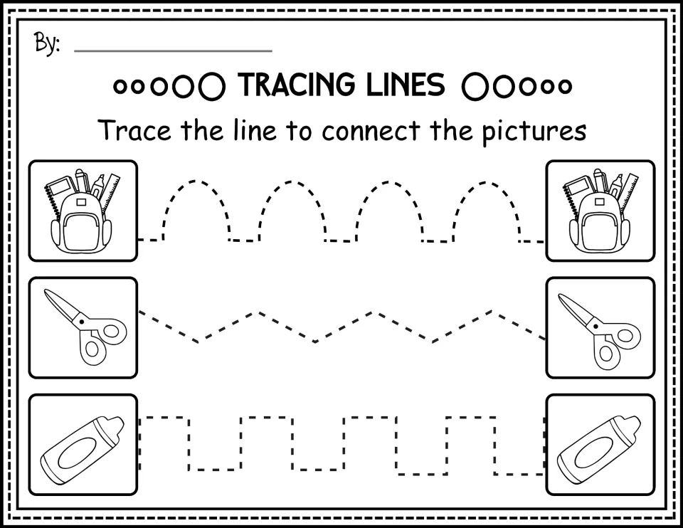 Black-and-white tracing practice linking backpacks, scissors, and glue bottles with arches and angles