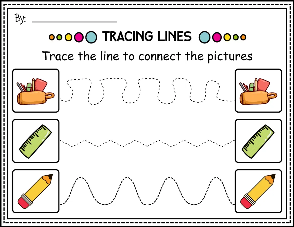 Color tracing practice connecting pencil cases, rulers, and pencils along rounded bends, zigzags, and waves