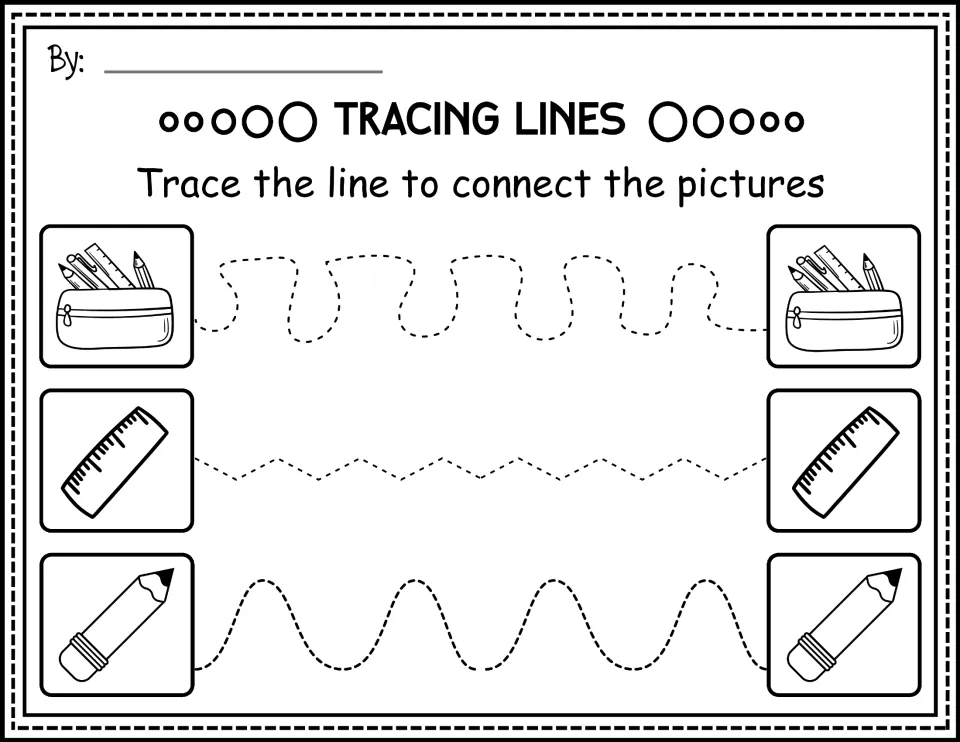 Black-and-white tracing practice linking pencil cases, rulers, and pencils with bends, zigzags, and waves