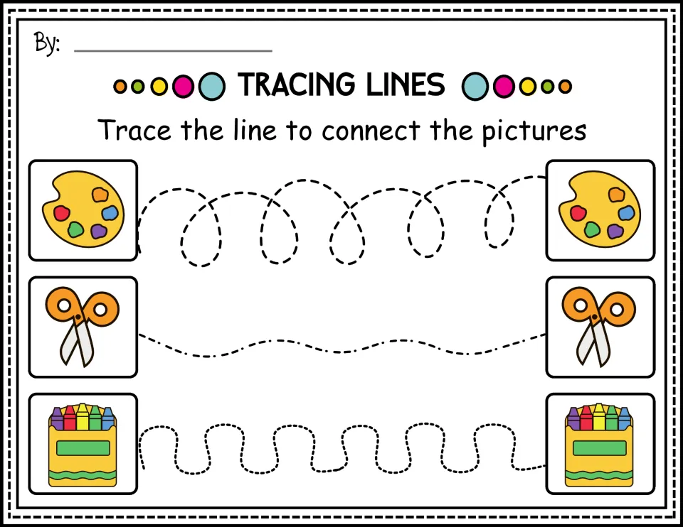 Color tracing practice connecting paint palettes, scissors, and crayon packs along loops, waves, and bends
