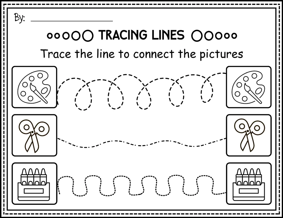 Black-and-white tracing practice linking paint palettes, scissors, and crayon packs with loops and curves