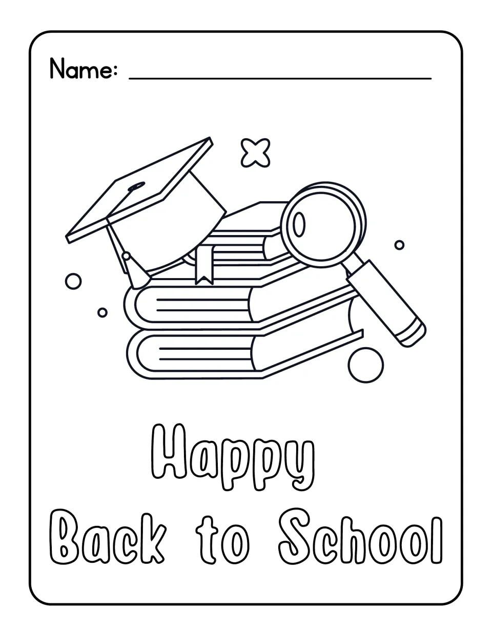 Happy Back to School: students color stacked books, a graduation cap and magnifying glass plus the bubble-letter greeting