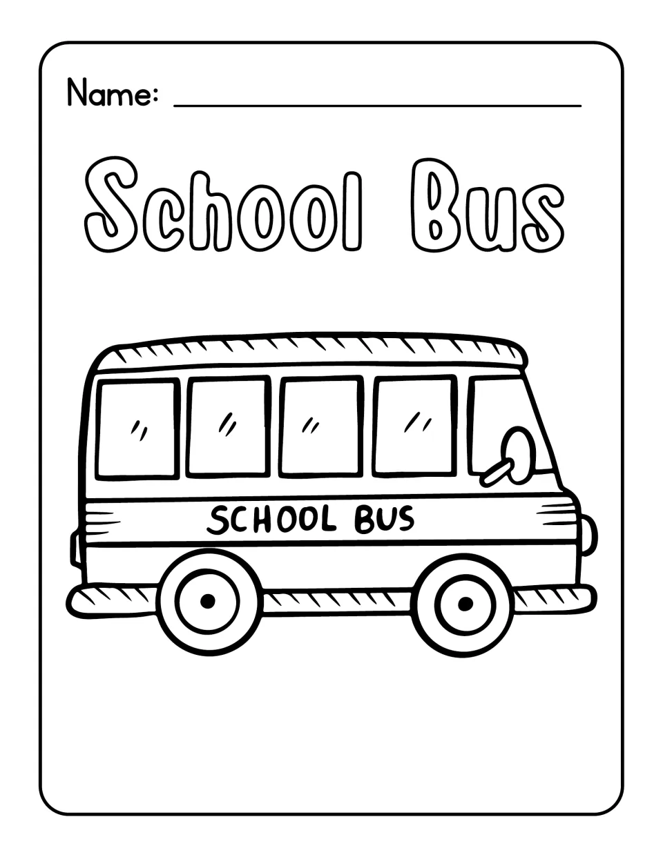 School Bus vocabulary word: students color the outlined title and a side-view bus with its name printed on the side