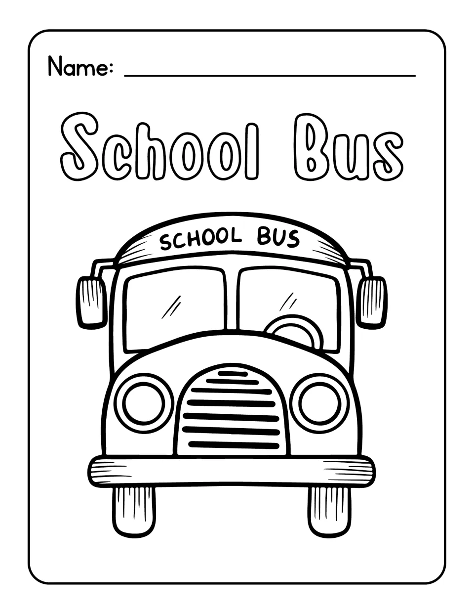 School Bus word page, front view: children color the bubble-letter heading and a bus facing forward with mirrors and grille