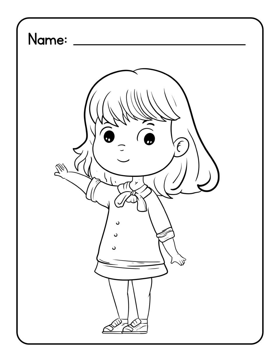 Unlabeled picture to color: a smiling child with shoulder-length hair, a tied neck bow and buttoned dress, waving hello