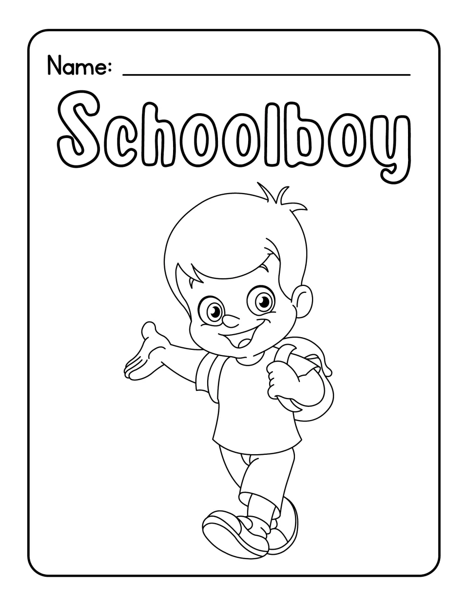 Schoolboy vocabulary word: students color the bubble-letter label and a boy walking with a backpack over one shoulder