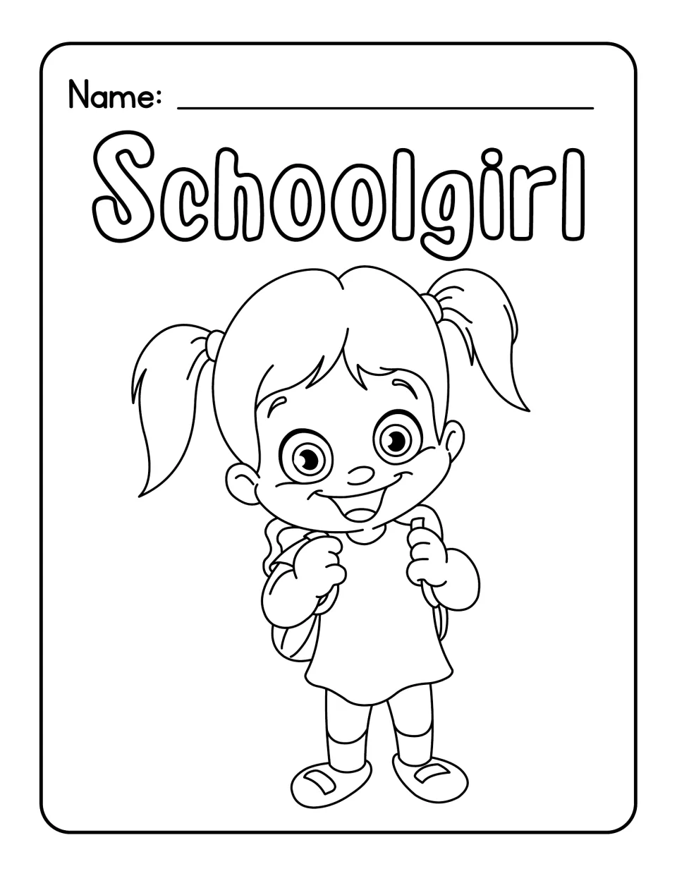 Schoolgirl vocabulary word: children color the outlined label and a smiling girl in pigtails holding backpack straps