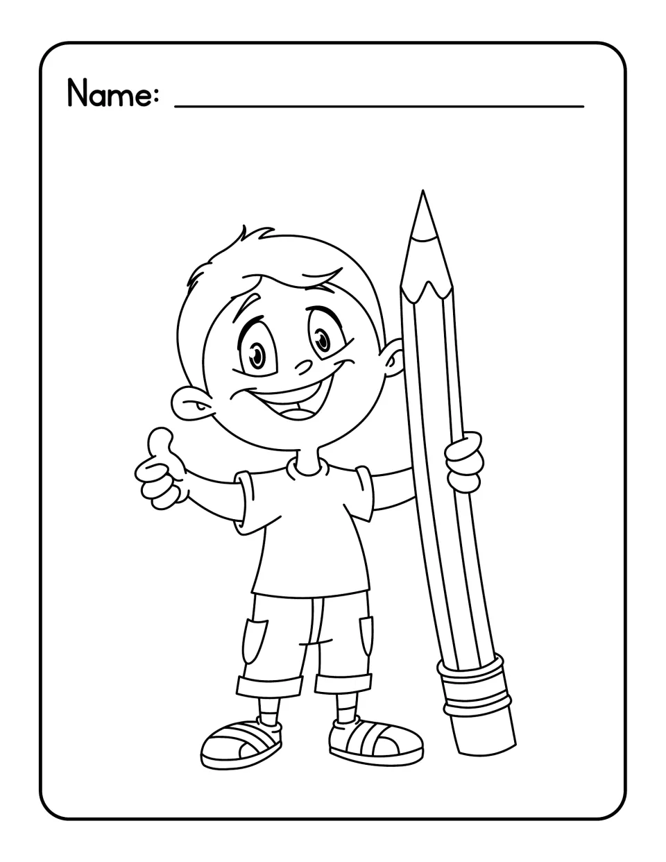 Thumbs-up coloring picture, no word label: a grinning child in shorts and sandals holds a giant pencil