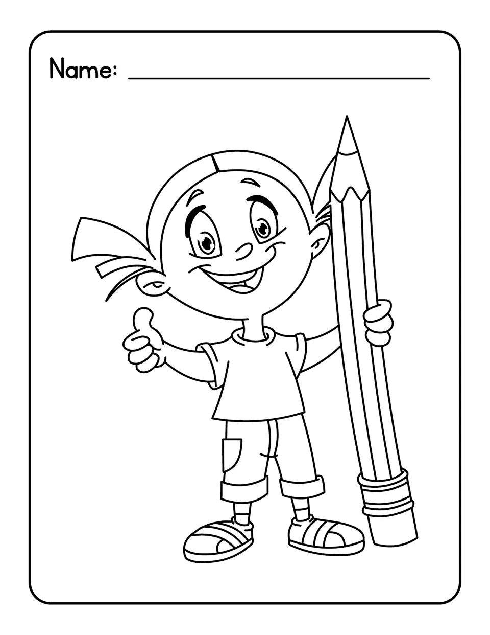 Ponytail coloring picture, unlabeled: a smiling child gives a thumbs-up while gripping a pencil as tall as the child