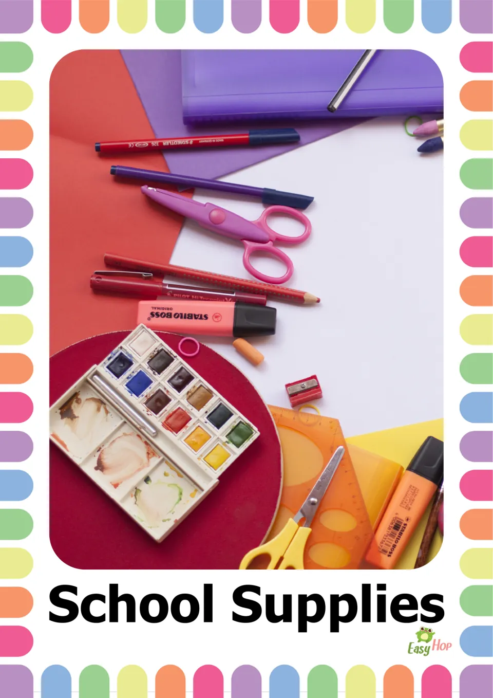 Vocabulary flashcard labeled 'School Supplies' showing scissors, pencils, pens, paints, and highlighters