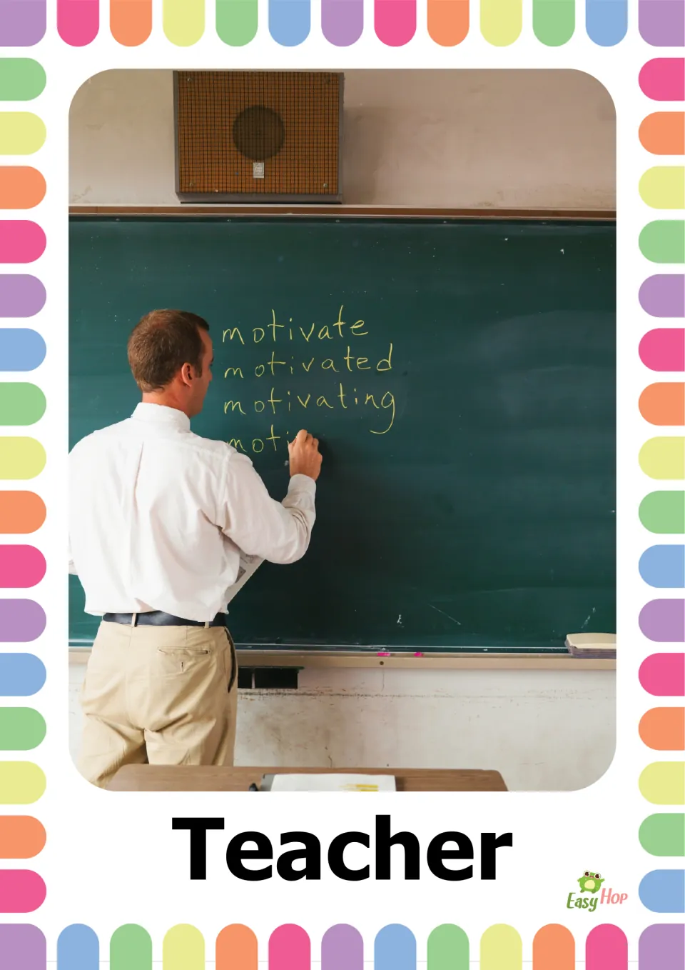 Vocabulary flashcard labeled 'Teacher' showing a teacher writing words in chalk on a classroom board