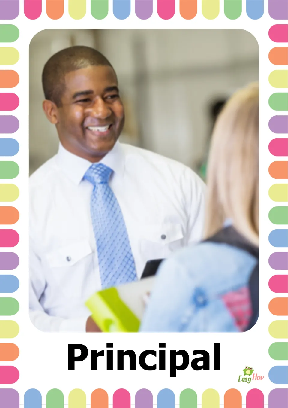 Vocabulary flashcard labeled 'Principal' showing a smiling adult in a shirt and tie facing a student