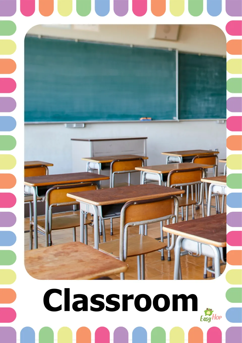 Vocabulary flashcard labeled 'Classroom' showing an empty classroom with desks, chairs, and chalkboards