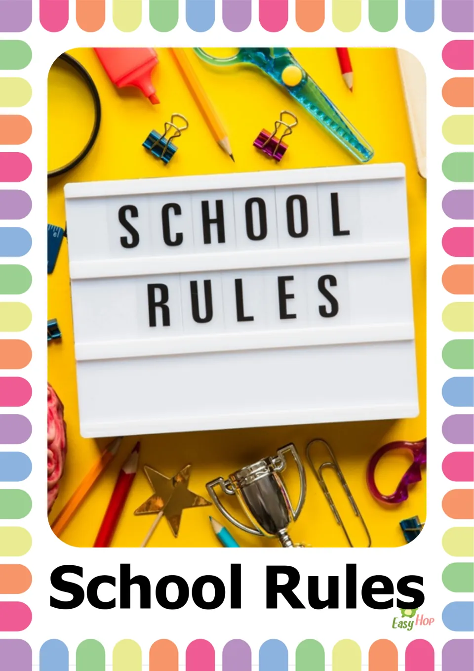 Vocabulary flashcard labeled 'School Rules' showing a sign reading 'SCHOOL RULES' among school supplies