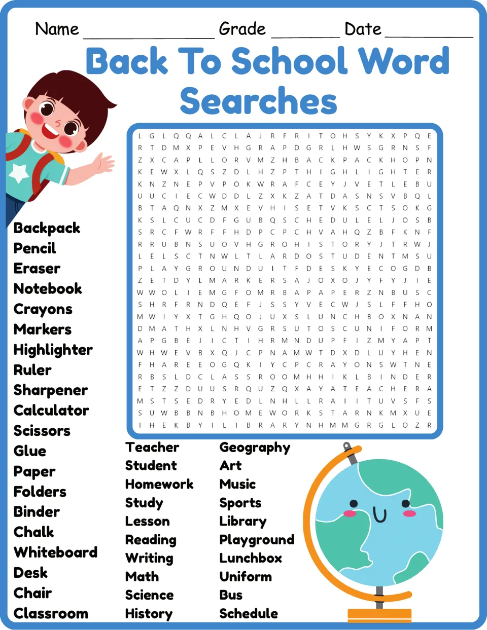 Back to school word search in color: students find 40 words such as backpack, ruler, homework and library