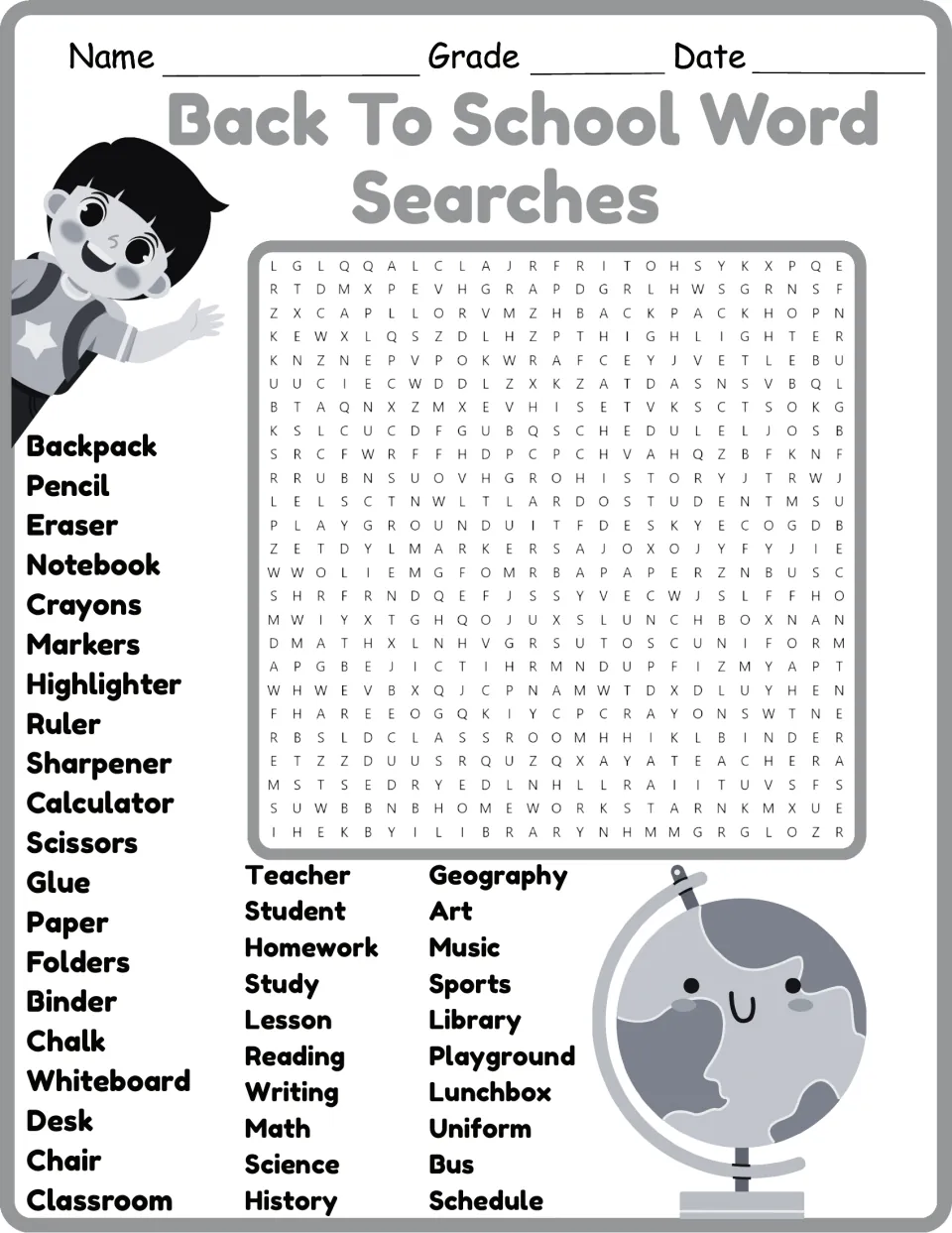 Black-and-white school supplies and subjects word search: students circle 40 words such as eraser, lunchbox and geography
