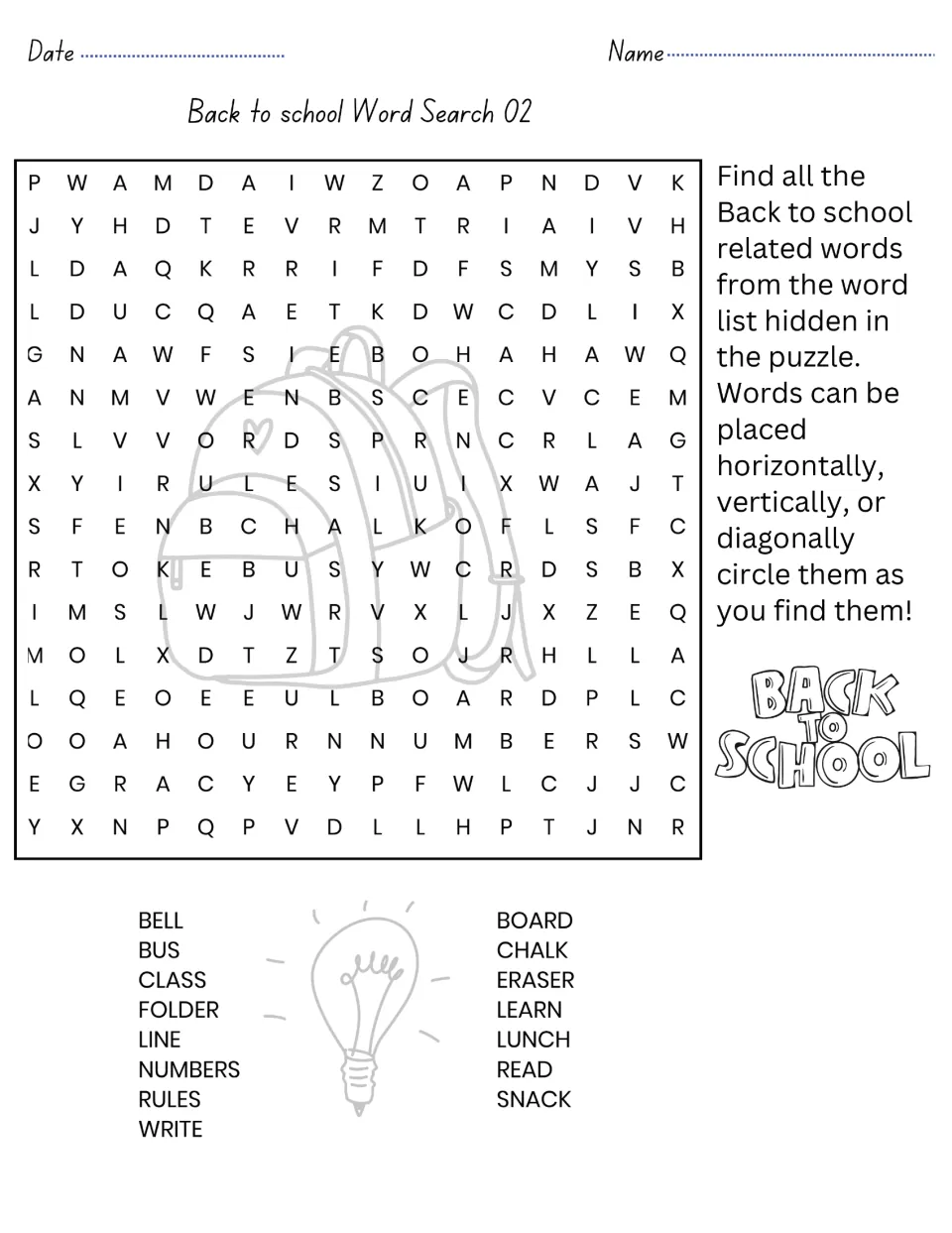 Back to school word search 02: students find 15 words like bell, chalk, lunch and rules hidden across, down or diagonally