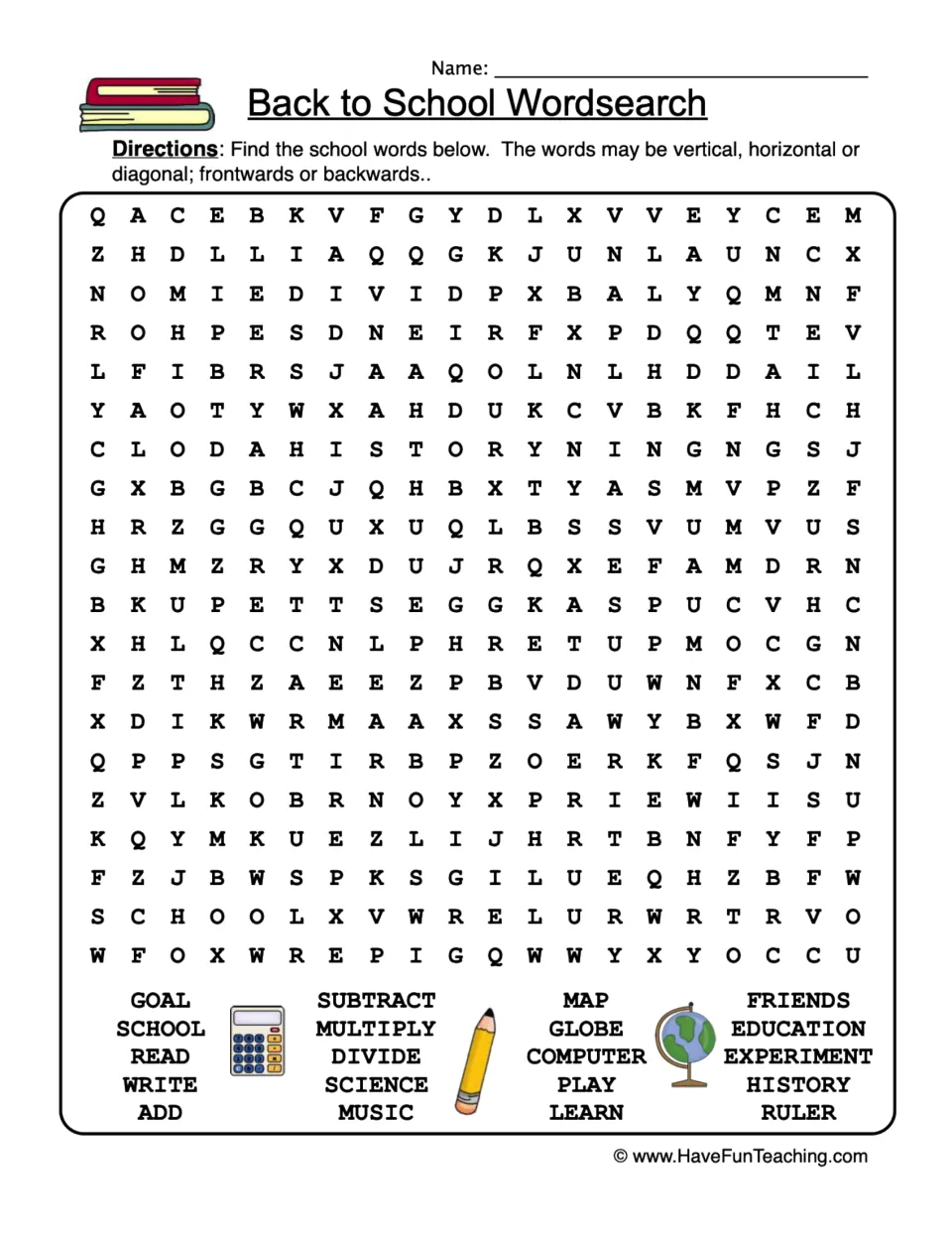 Back to School Wordsearch: students find 20 school words like globe, divide, music and ruler, hidden in any direction