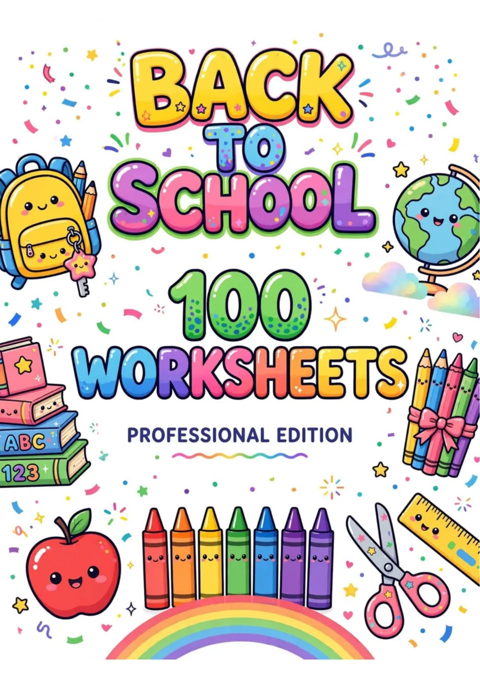 Back to School 100 Worksheets Professional Edition cover with backpack, globe, books, crayons, apple and scissors