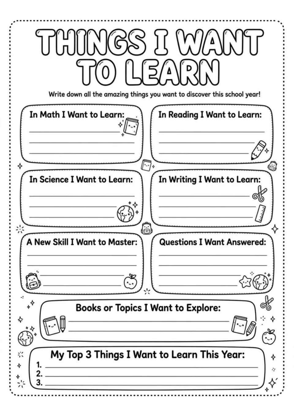 Things I Want to Learn: students write what they hope to learn in math, reading, science and writing and list a top 3