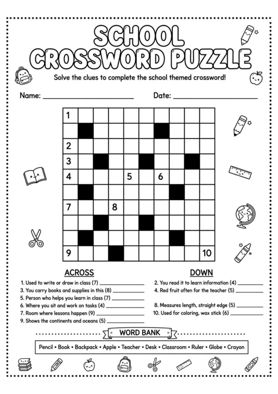 School Crossword Puzzle: students solve 10 across and down clues about school items with a word bank like Pencil and Globe
