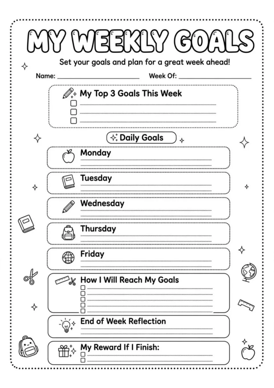 My Weekly Goals: students set top 3 goals, daily goals Monday to Friday, steps to reach them, a reflection and a reward
