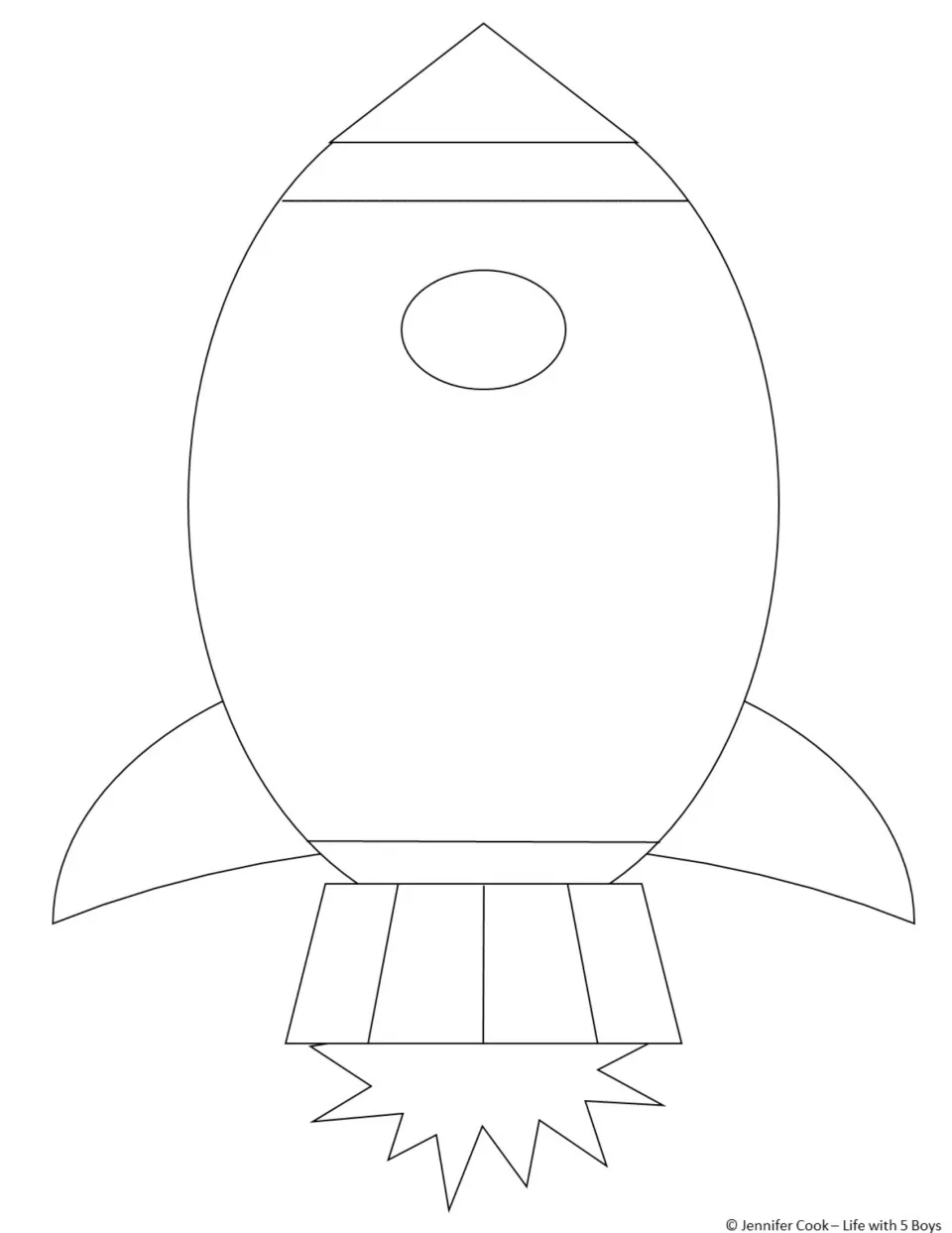 Rocket-shaped book front for students to color and cut out, featuring a window, fins, and exhaust flame