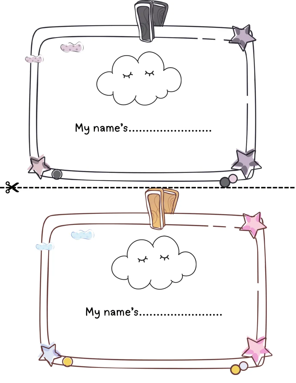 All about me name page: students write their name after "My name's" under a sleepy cloud; two copies to cut apart