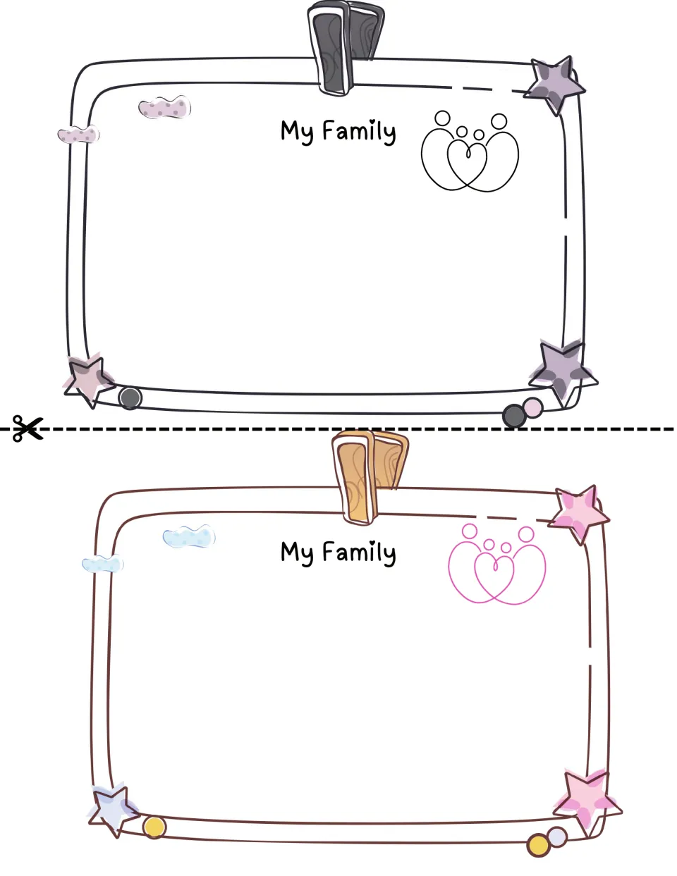 My Family page: students draw the people in their family, shown with a heart-shaped family icon; two copies per sheet
